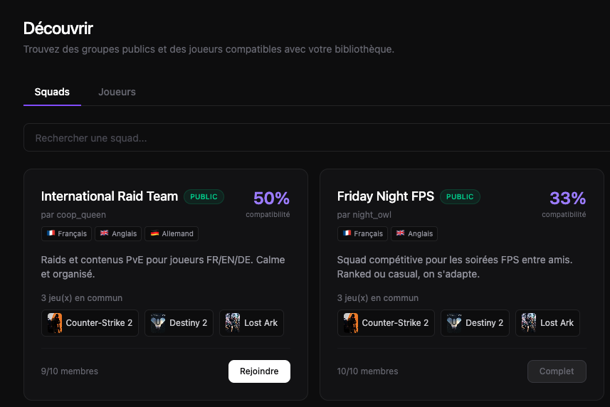 Page Découvrir avec des squads publiques