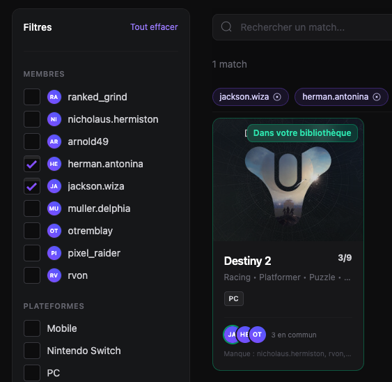 Filtres par membre, genre et plateforme dans un groupe