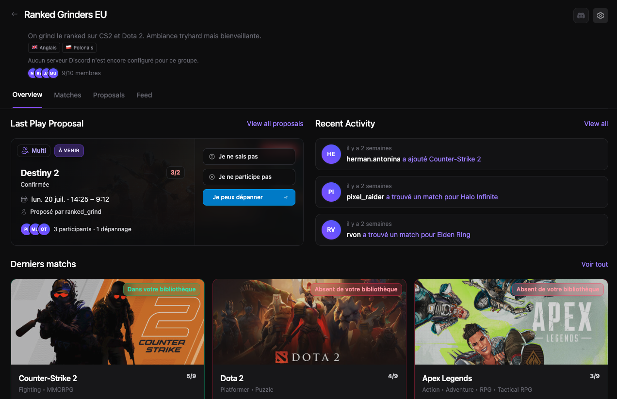 Vue d'ensemble d'un groupe GameSync avec les jeux en commun